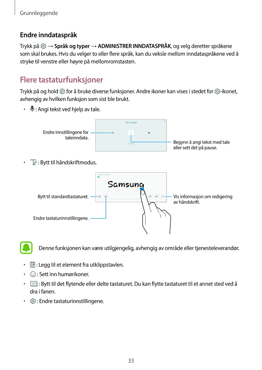 Samsung SM-T815NZWENEE, SM-T715NZWENEE manual Flere tastaturfunksjoner, Endre inndataspråk 