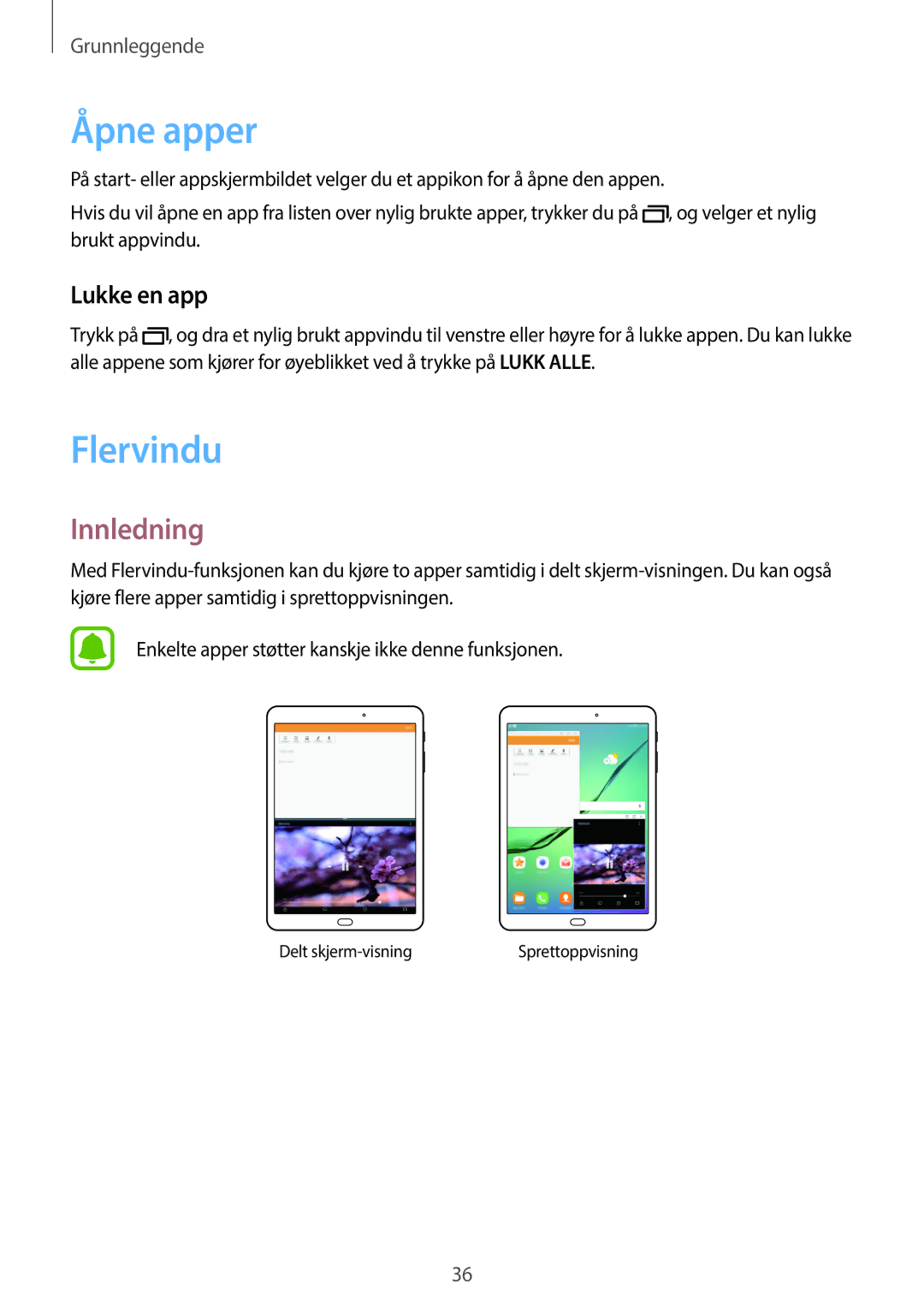 Samsung SM-T715NZWENEE, SM-T815NZWENEE manual Åpne apper, Flervindu, Innledning, Lukke en app 