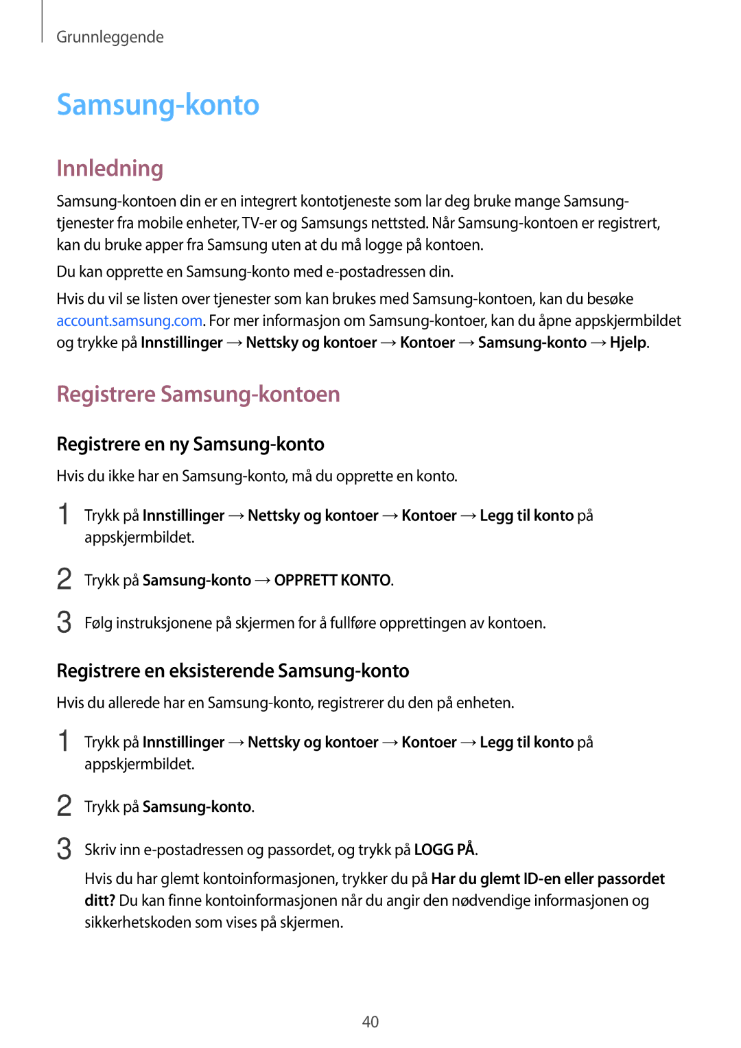 Samsung SM-T715NZWENEE, SM-T815NZWENEE manual Registrere Samsung-kontoen, Registrere en ny Samsung-konto 