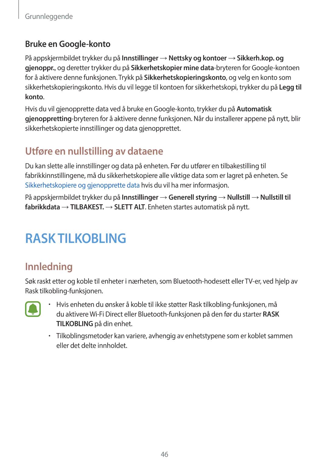 Samsung SM-T715NZWENEE, SM-T815NZWENEE manual Utføre en nullstilling av dataene, Bruke en Google-konto 