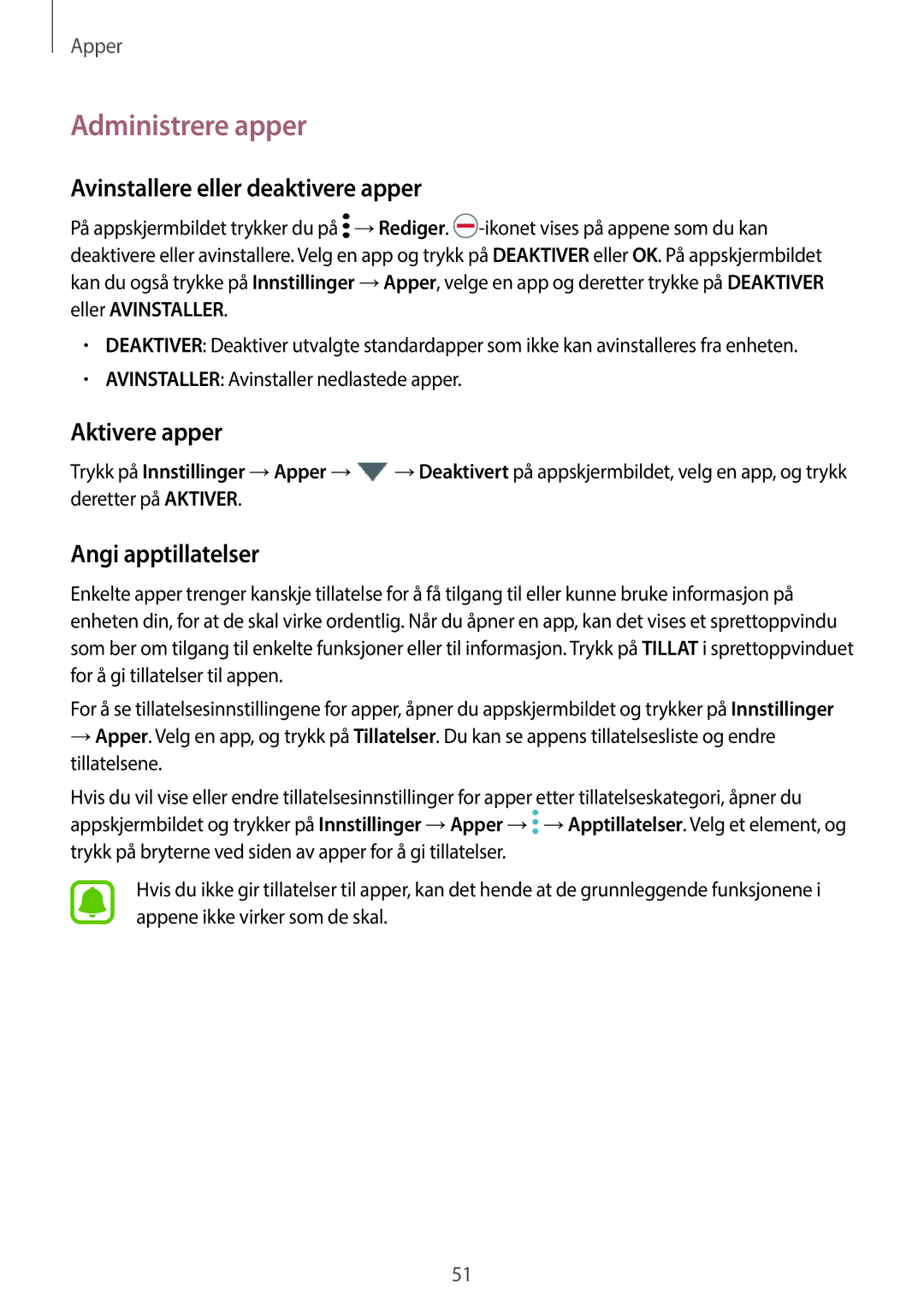 Samsung SM-T815NZWENEE manual Administrere apper, Avinstallere eller deaktivere apper, Aktivere apper, Angi apptillatelser 