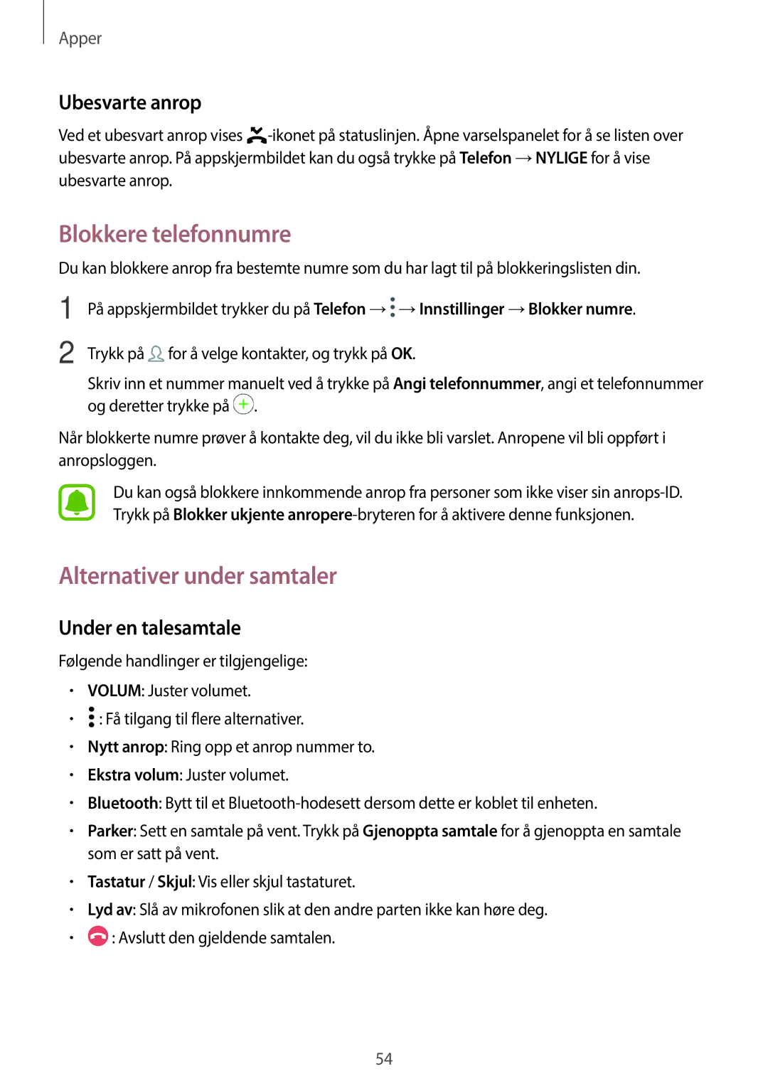 Samsung SM-T715NZWENEE manual Blokkere telefonnumre, Alternativer under samtaler, Ubesvarte anrop, Under en talesamtale 