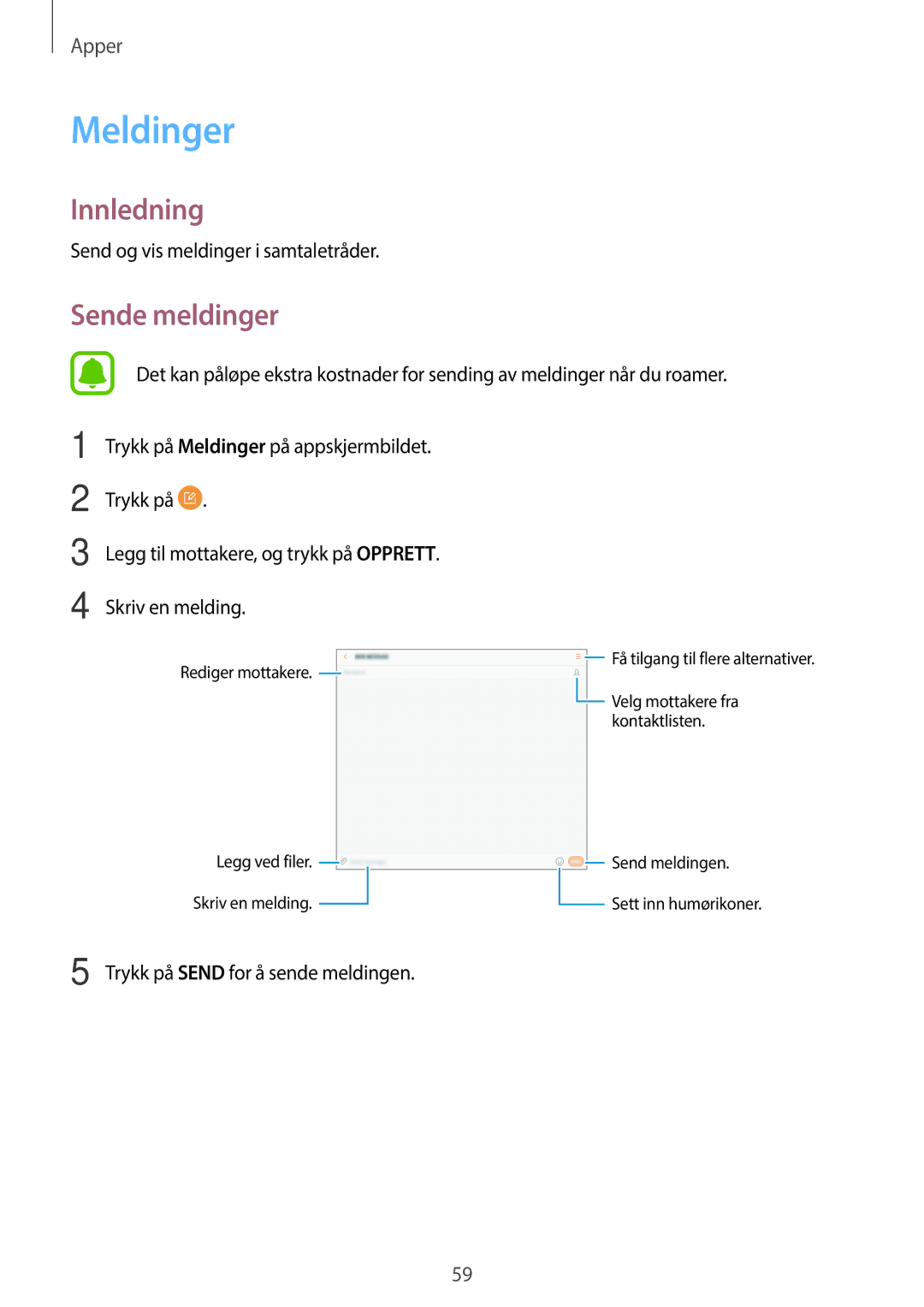 Samsung SM-T815NZWENEE, SM-T715NZWENEE manual Meldinger, Sende meldinger 