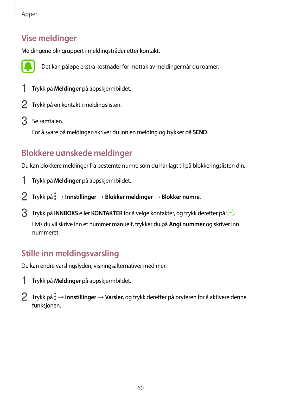 Samsung SM-T715NZWENEE, SM-T815NZWENEE manual Vise meldinger, Blokkere uønskede meldinger, Stille inn meldingsvarsling 