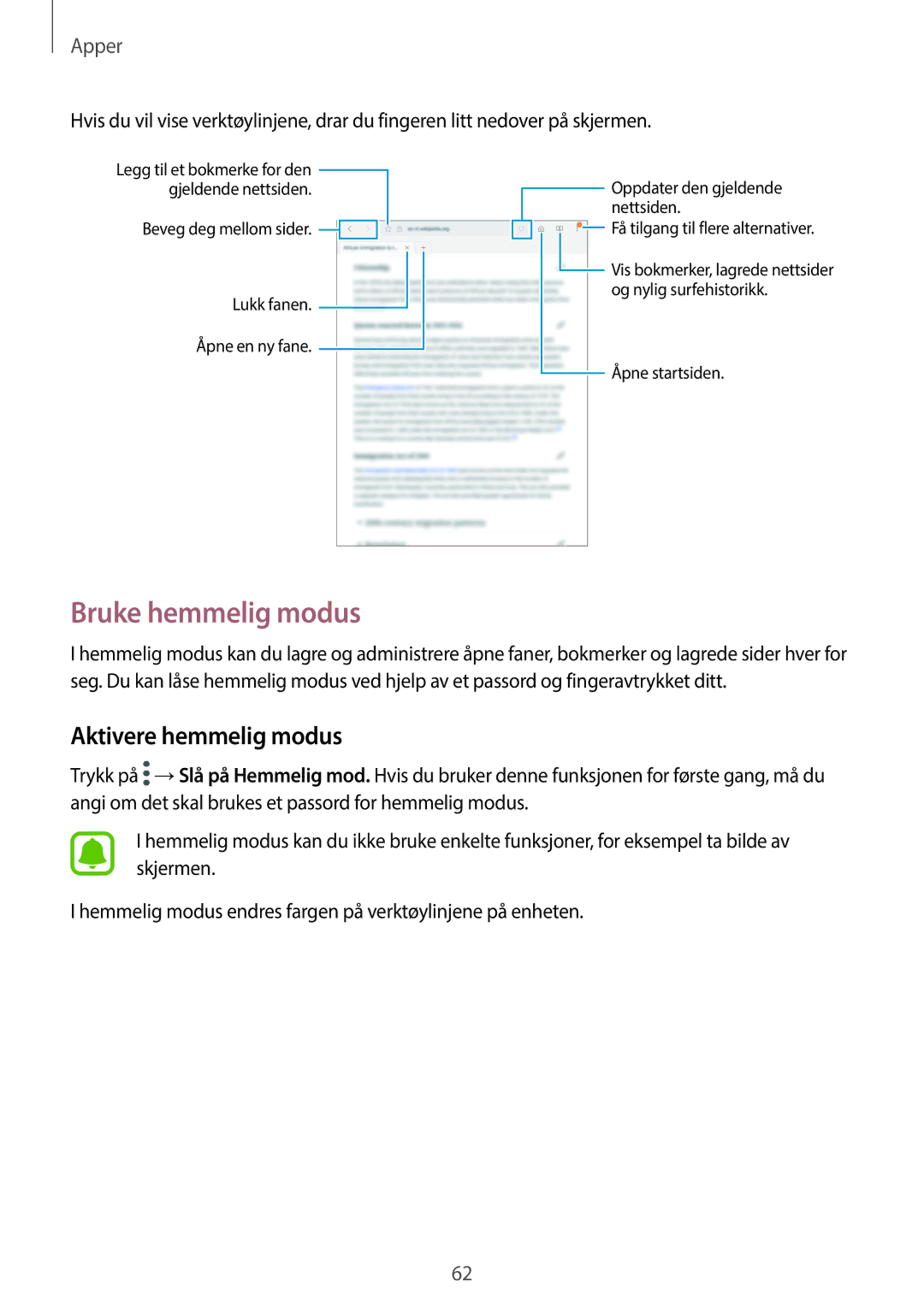 Samsung SM-T715NZWENEE, SM-T815NZWENEE manual Bruke hemmelig modus, Aktivere hemmelig modus 