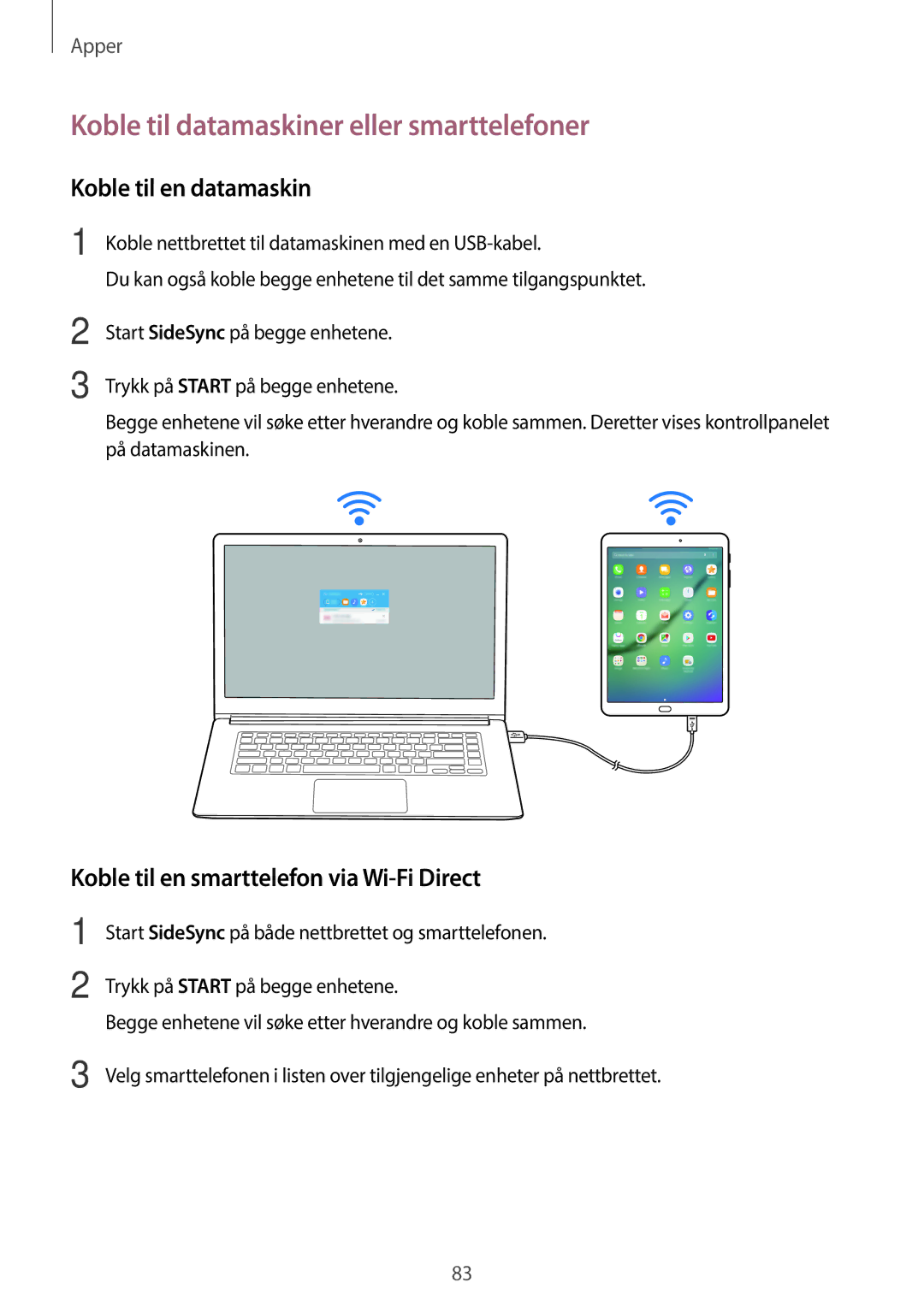 Samsung SM-T815NZWENEE, SM-T715NZWENEE manual Koble til datamaskiner eller smarttelefoner, Koble til en datamaskin 