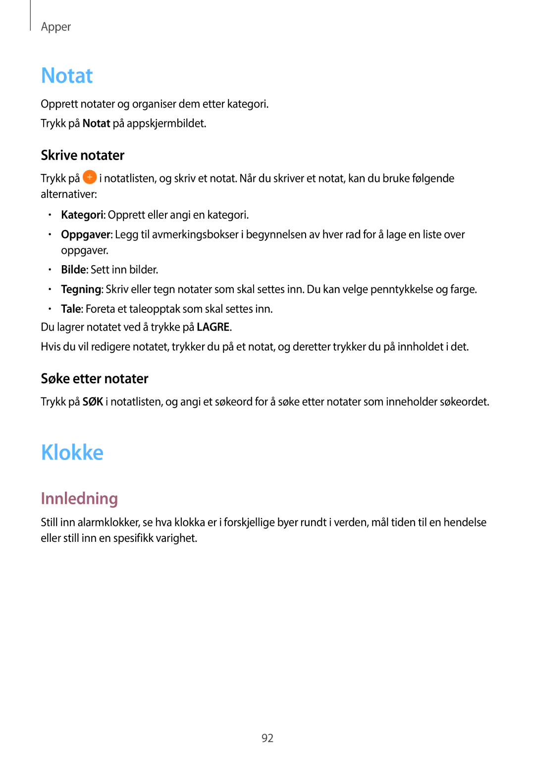 Samsung SM-T715NZWENEE, SM-T815NZWENEE manual Notat, Klokke, Skrive notater, Søke etter notater 