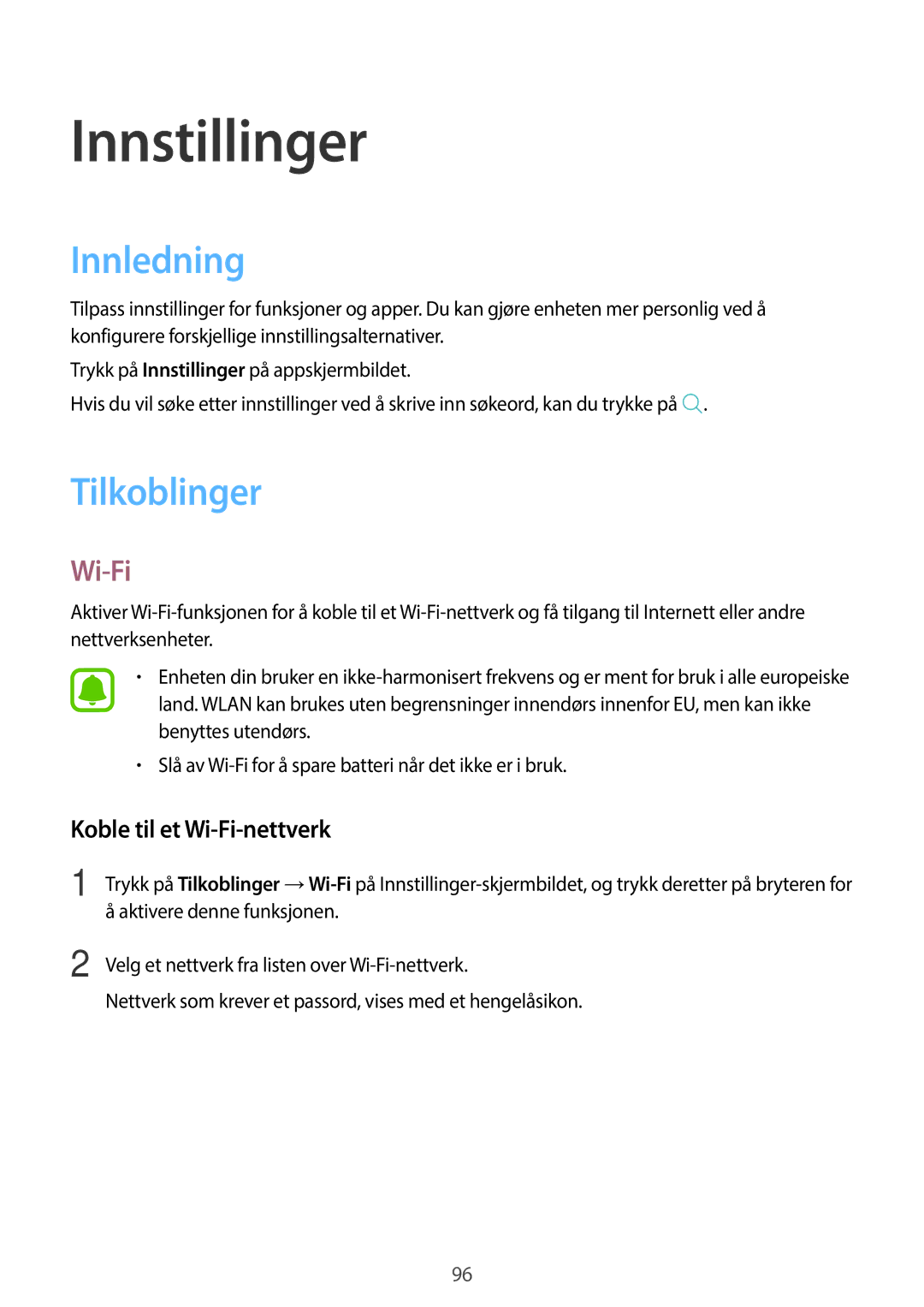 Samsung SM-T715NZWENEE, SM-T815NZWENEE manual Innledning, Tilkoblinger, Koble til et Wi-Fi-nettverk 