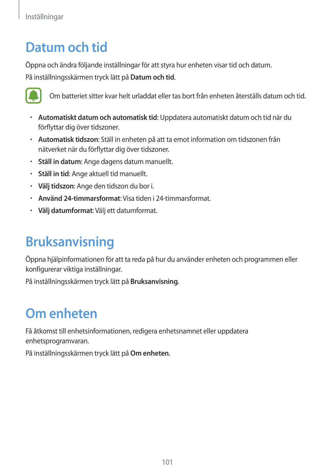 Samsung SM-T715NZWENEE manual Datum och tid, Bruksanvisning, Om enheten 