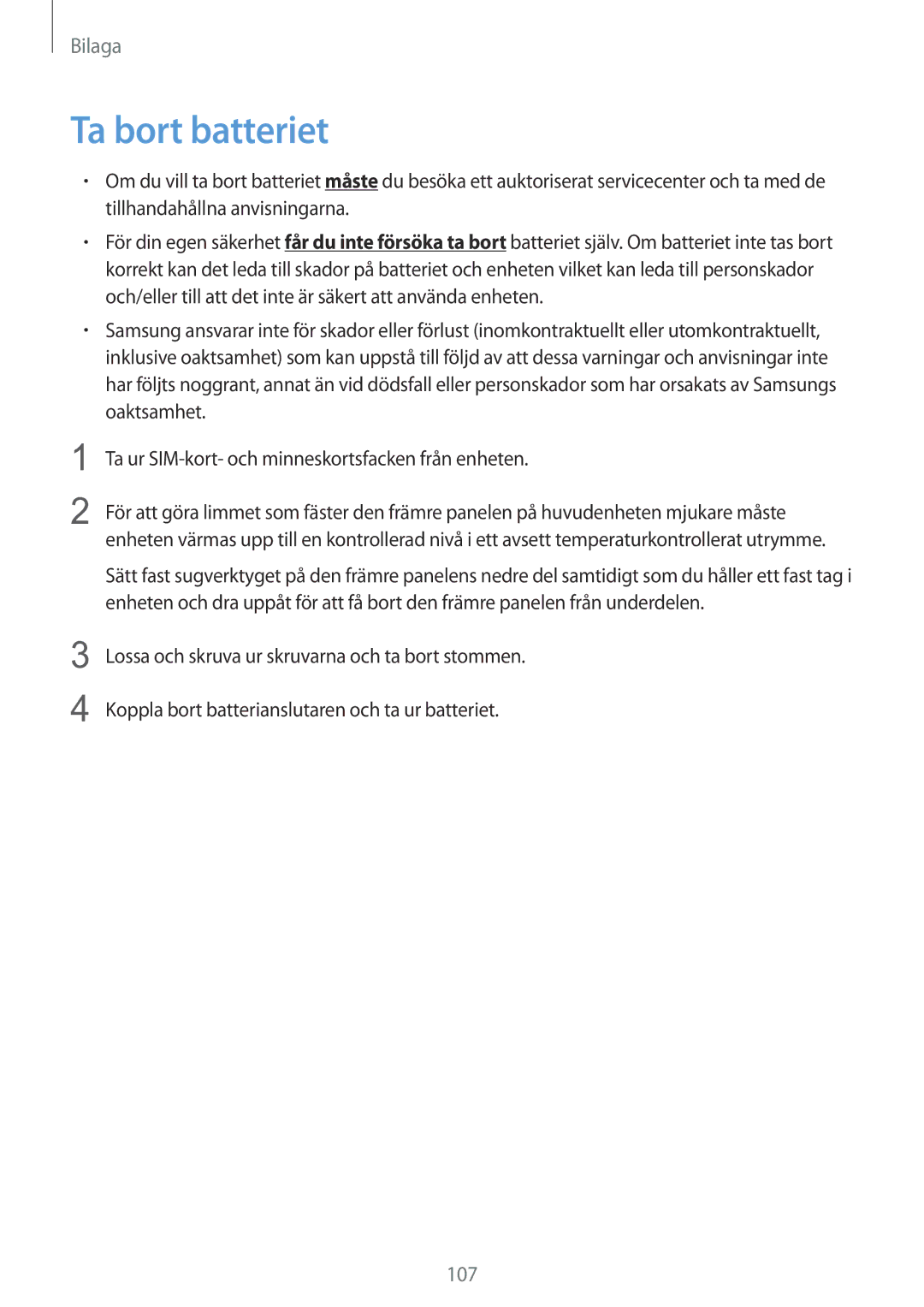 Samsung SM-T715NZWENEE manual Ta bort batteriet, 107 