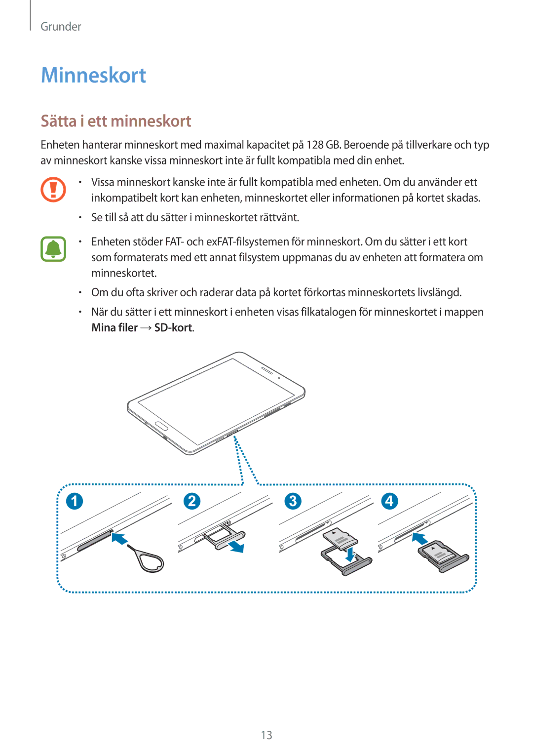 Samsung SM-T715NZWENEE manual Minneskort, Sätta i ett minneskort 