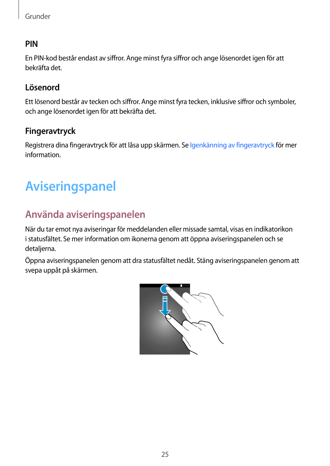 Samsung SM-T715NZWENEE manual Aviseringspanel, Använda aviseringspanelen, Lösenord, Fingeravtryck 