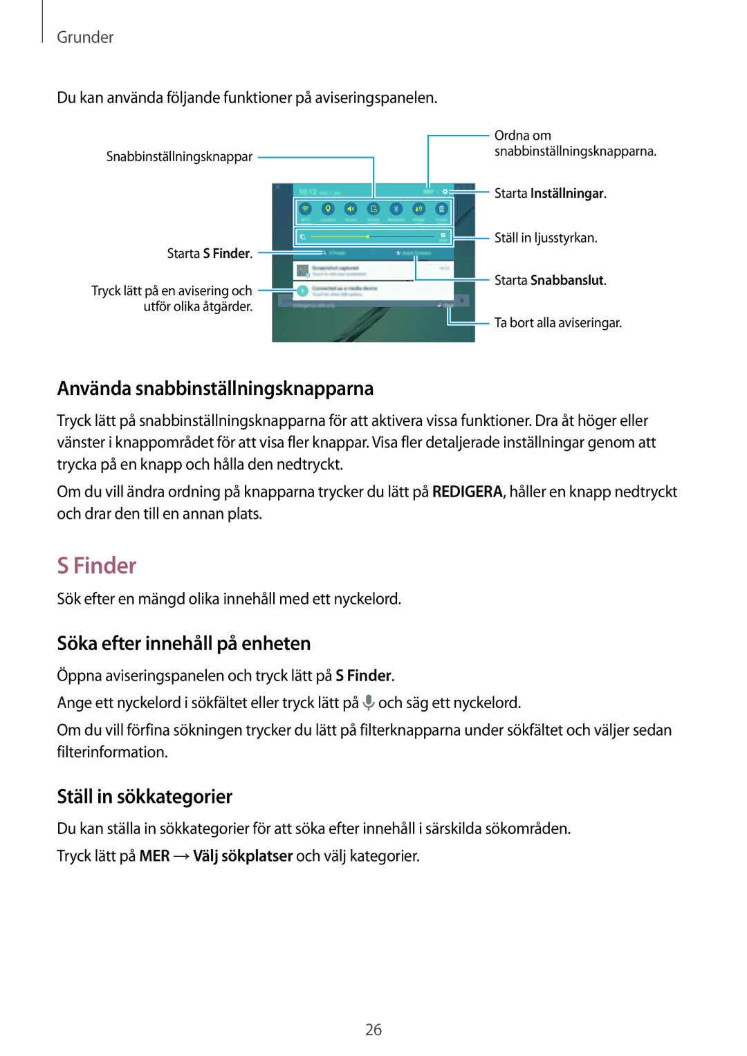 Samsung SM-T715NZWENEE Finder, Använda snabbinställningsknapparna, Söka efter innehåll på enheten, Ställ in sökkategorier 