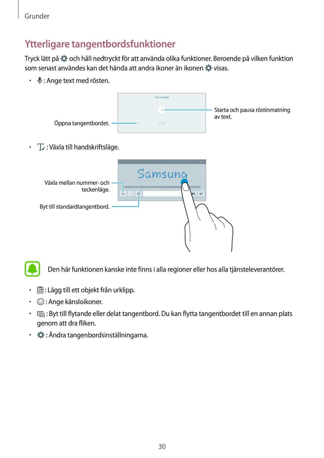 Samsung SM-T715NZWENEE manual Ytterligare tangentbordsfunktioner, Ange text med rösten, Växla till handskriftsläge 