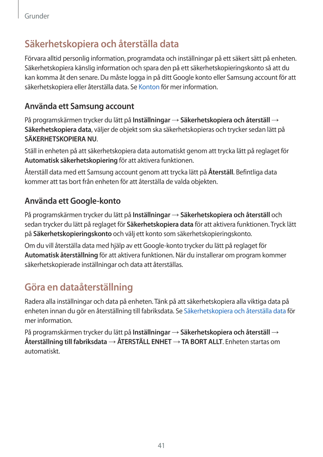 Samsung SM-T715NZWENEE manual Säkerhetskopiera och återställa data, Göra en dataåterställning, Använda ett Samsung account 