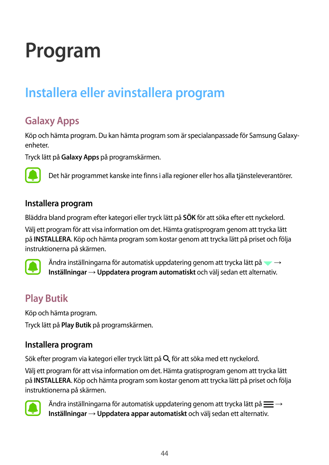 Samsung SM-T715NZWENEE manual Installera eller avinstallera program, Galaxy Apps, Play Butik, Installera program 