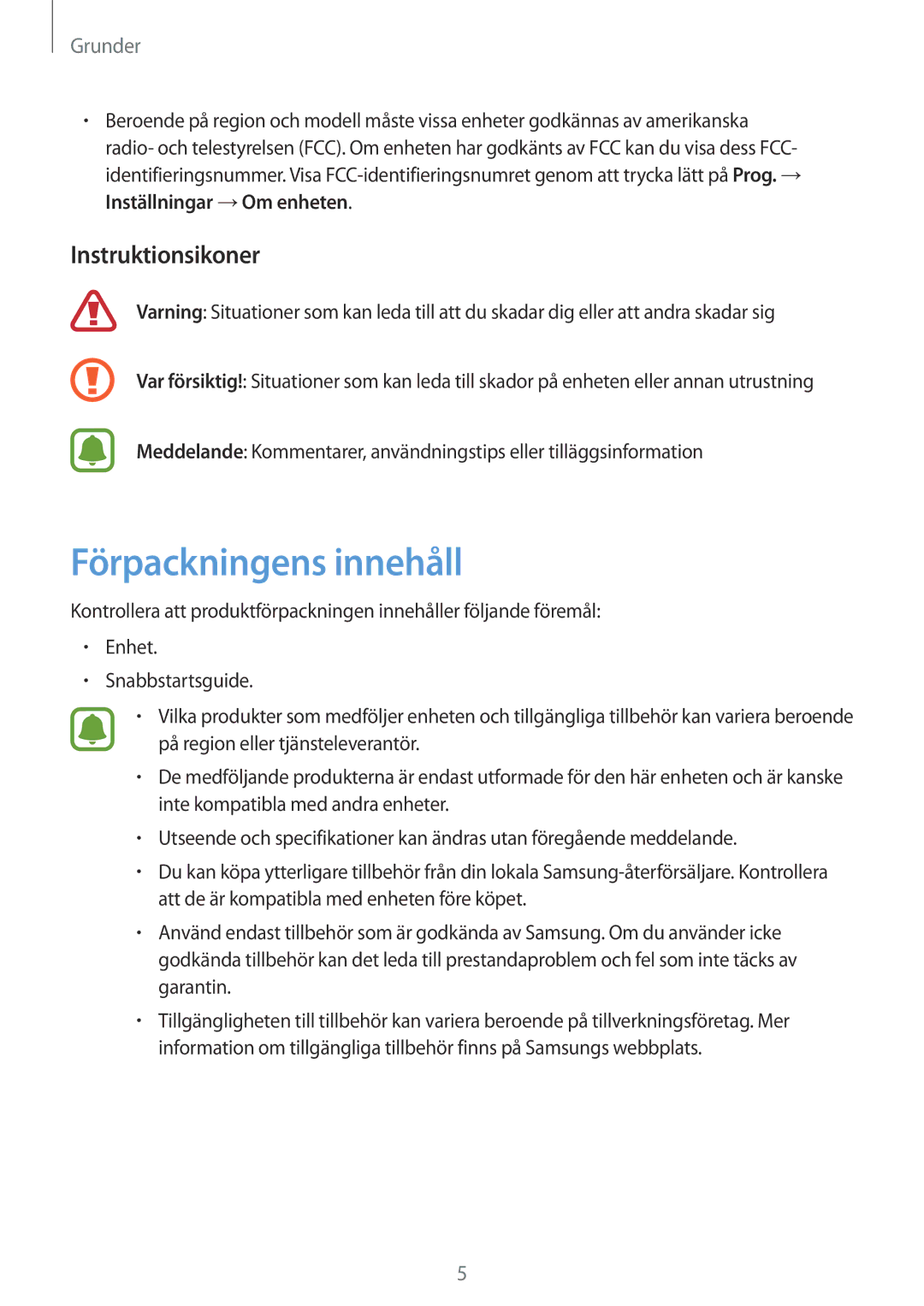 Samsung SM-T715NZWENEE manual Förpackningens innehåll, Instruktionsikoner 