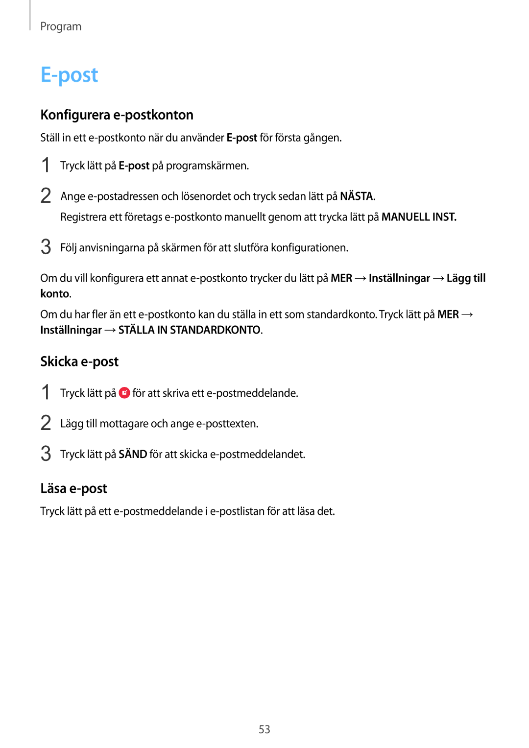 Samsung SM-T715NZWENEE manual Post, Konfigurera e-postkonton, Skicka e-post, Läsa e-post 