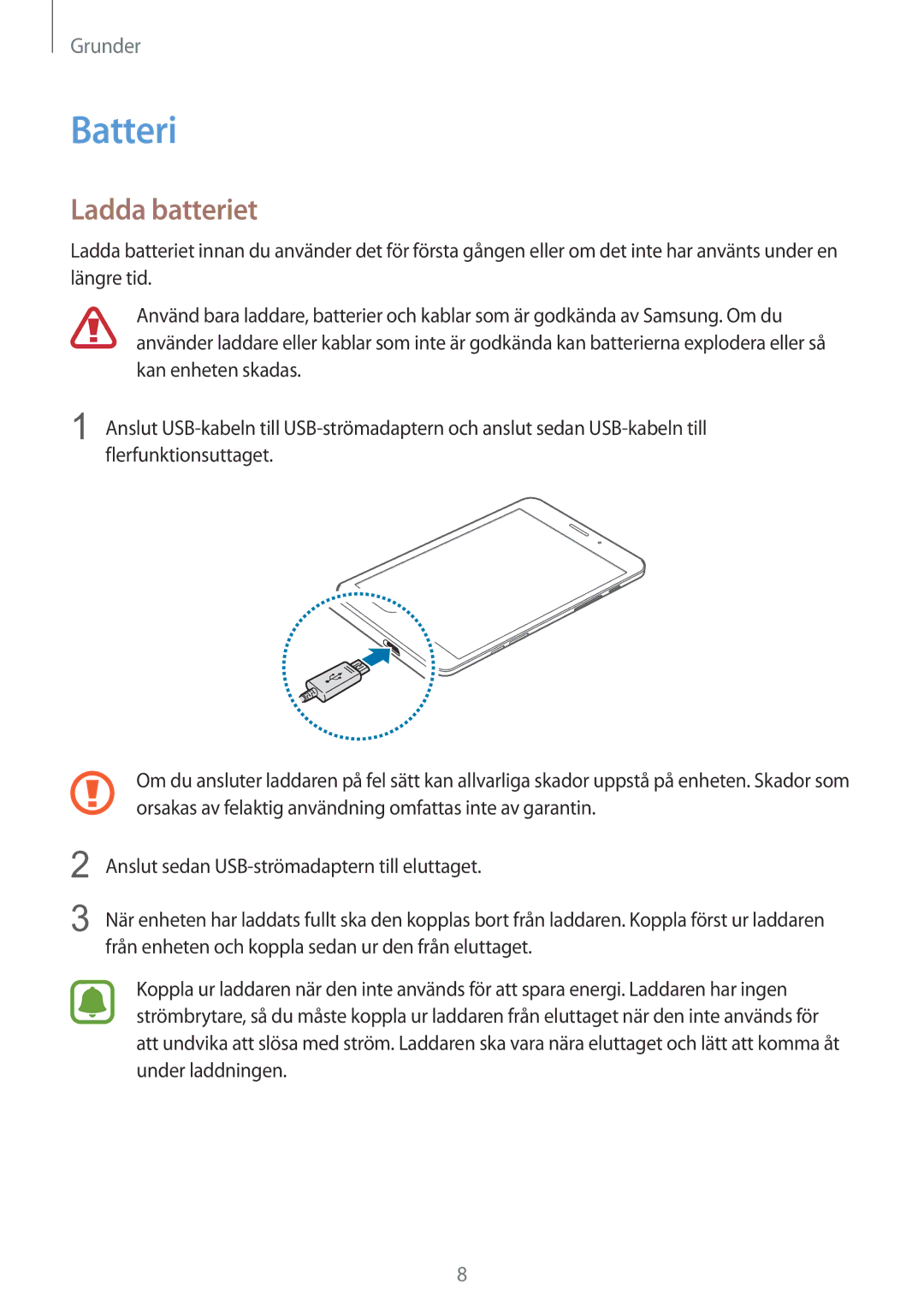 Samsung SM-T715NZWENEE manual Batteri, Ladda batteriet 