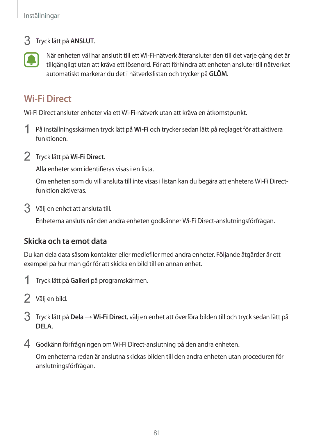 Samsung SM-T715NZWENEE manual Wi-Fi Direct, Skicka och ta emot data, Tryck lätt på Anslut 