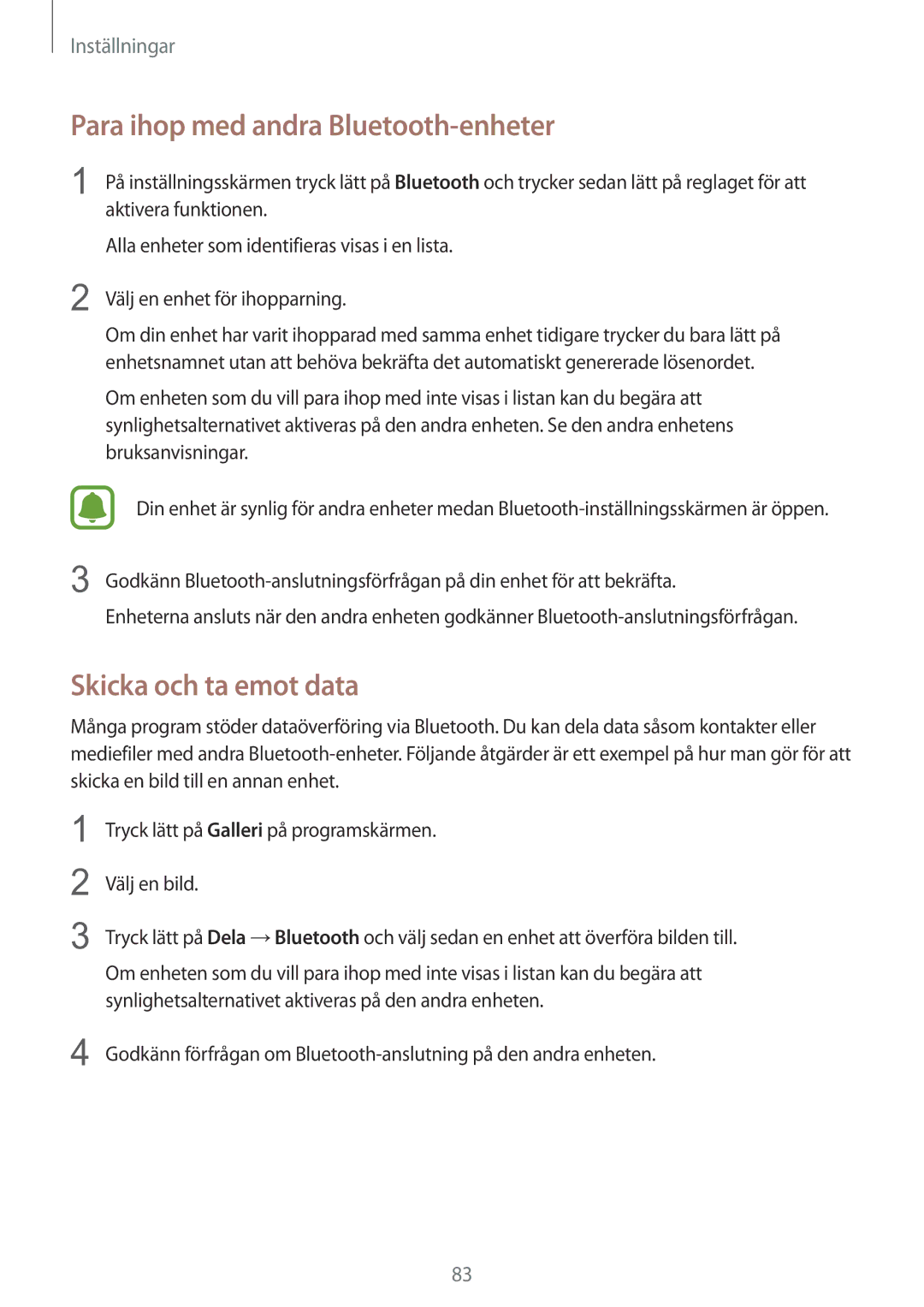 Samsung SM-T715NZWENEE manual Para ihop med andra Bluetooth-enheter, Skicka och ta emot data 