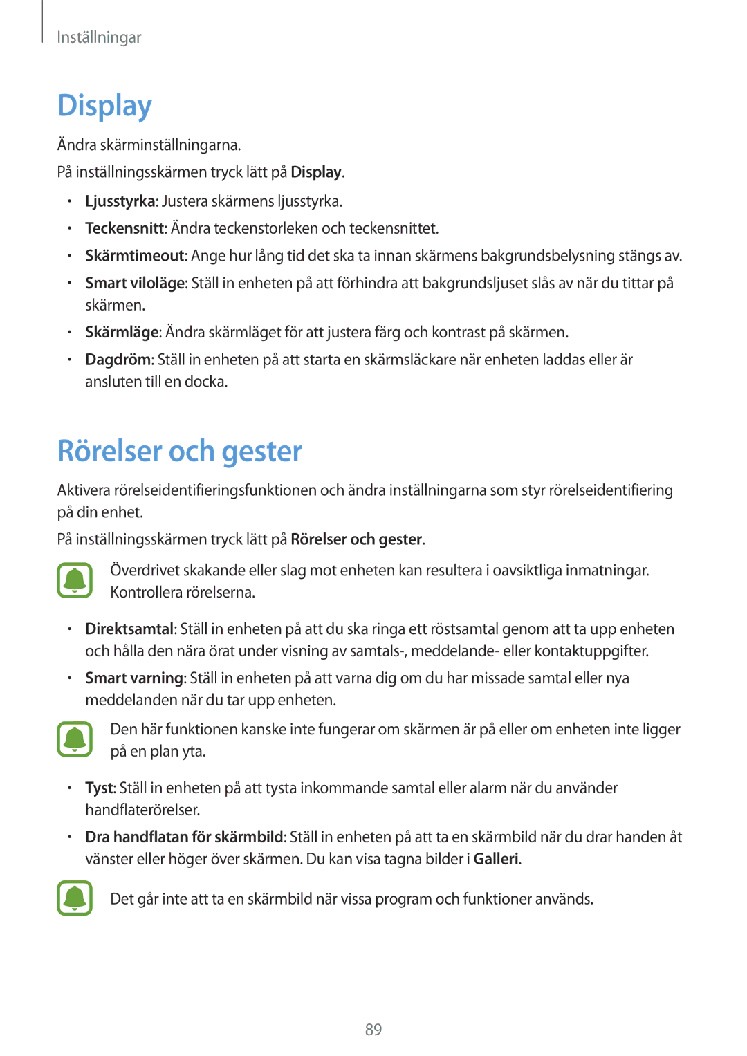 Samsung SM-T715NZWENEE manual Display, Rörelser och gester 