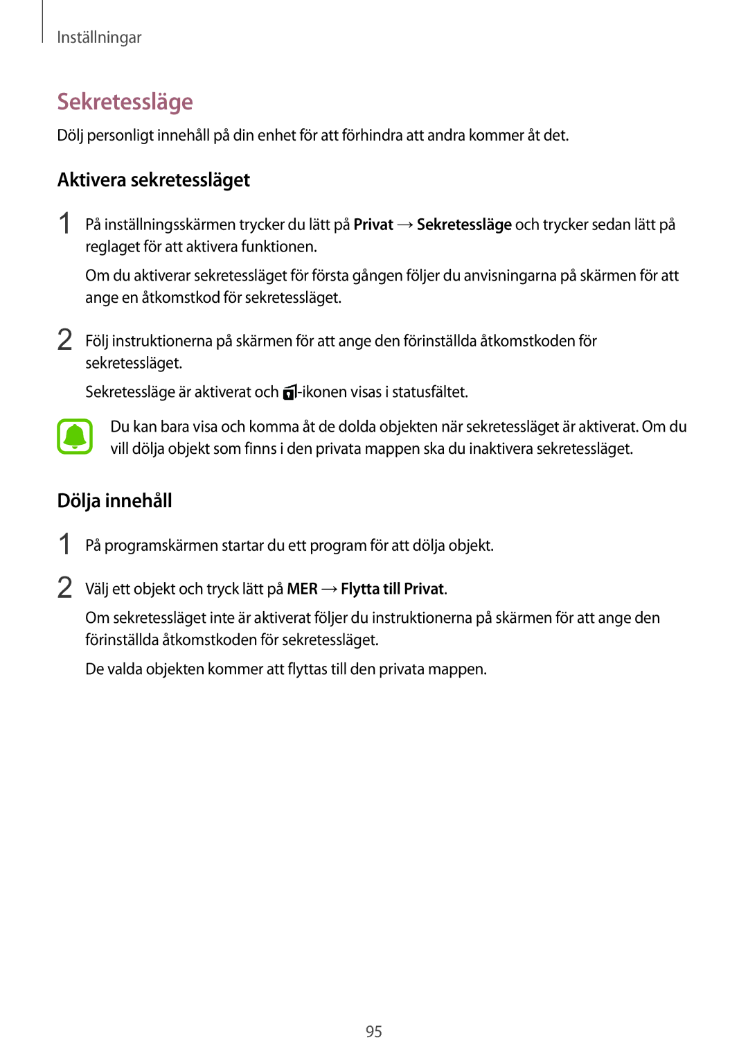 Samsung SM-T715NZWENEE manual Sekretessläge, Aktivera sekretessläget, Dölja innehåll 