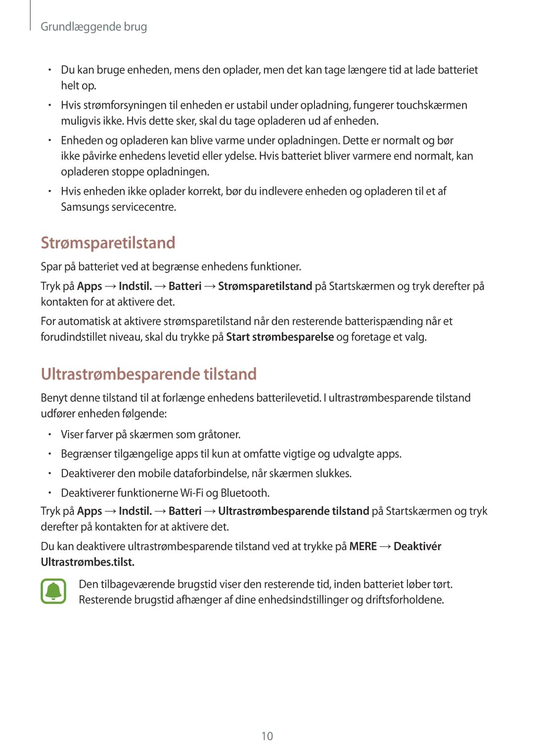 Samsung SM-T715NZWENEE manual Strømsparetilstand, Ultrastrømbesparende tilstand 