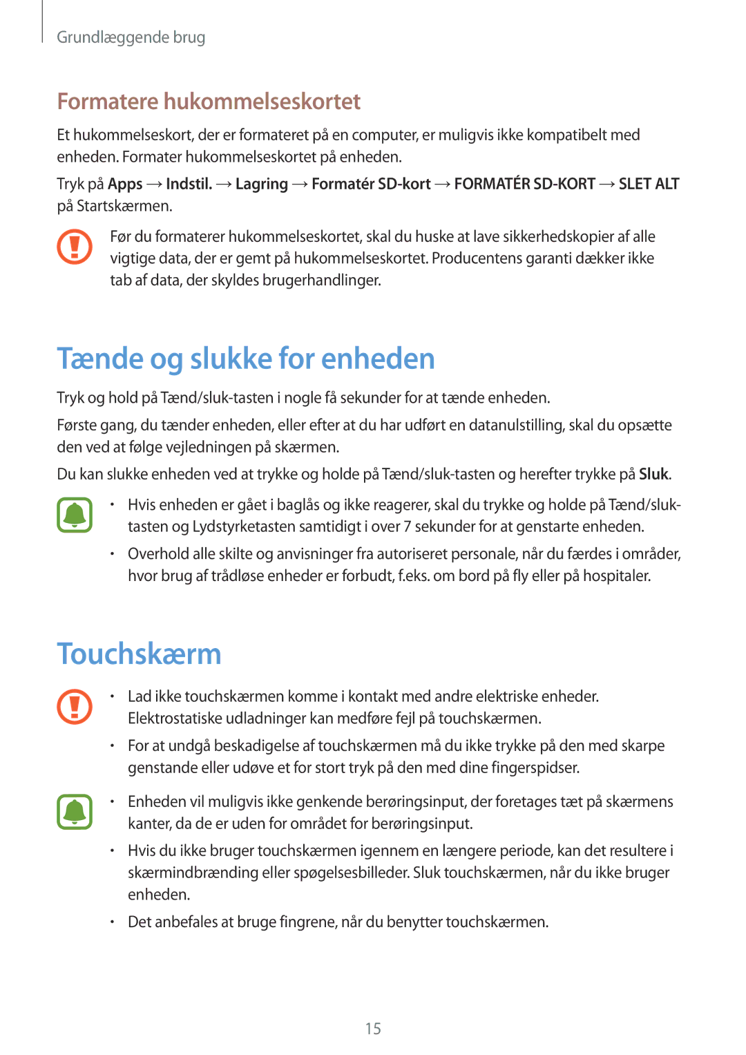 Samsung SM-T715NZWENEE manual Tænde og slukke for enheden, Touchskærm, Formatere hukommelseskortet 