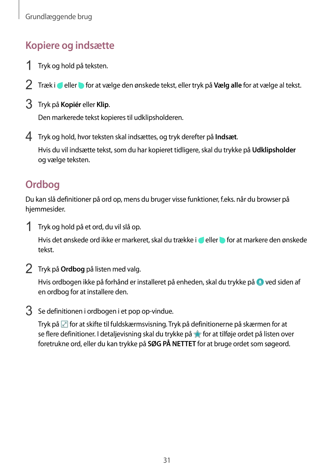 Samsung SM-T715NZWENEE manual Kopiere og indsætte, Ordbog, Tryk og hold på teksten 