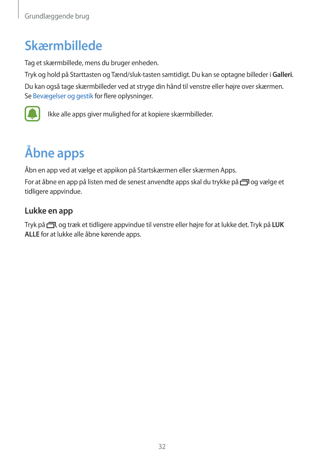 Samsung SM-T715NZWENEE manual Skærmbillede, Åbne apps, Lukke en app, Tag et skærmbillede, mens du bruger enheden 