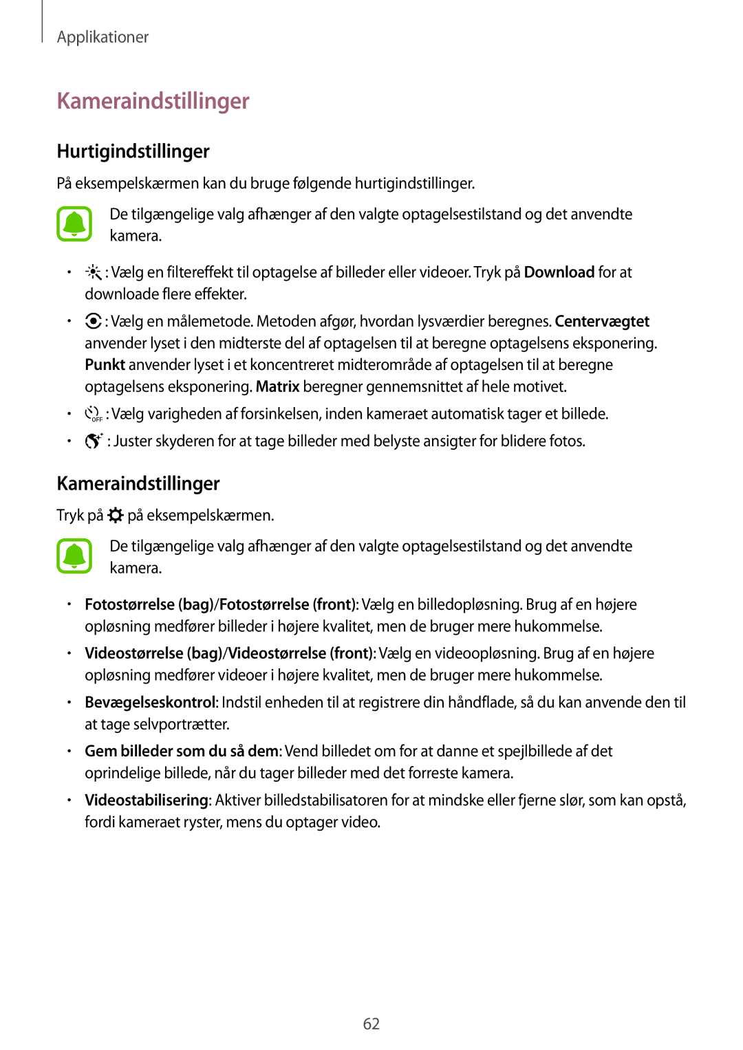 Samsung SM-T715NZWENEE manual Kameraindstillinger, Hurtigindstillinger 