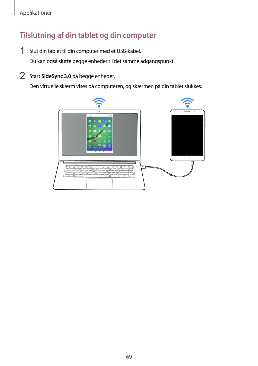 Samsung SM-T715NZWENEE manual Tilslutning af din tablet og din computer, Slut din tablet til din computer med et USB-kabel 