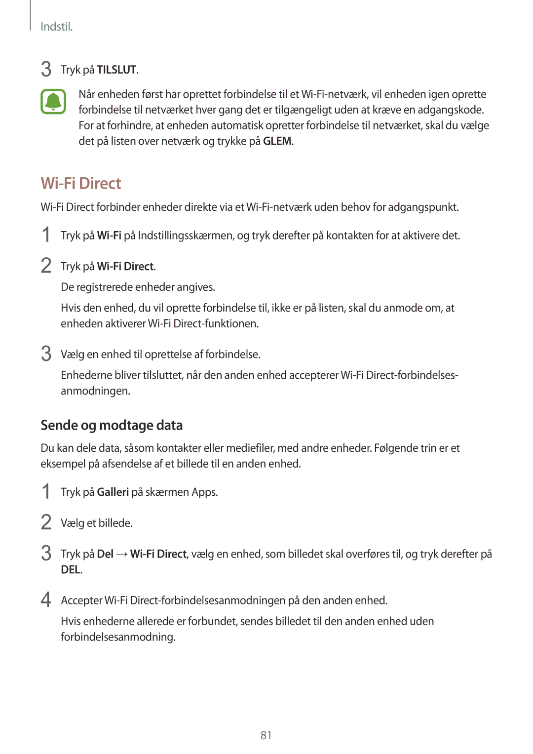 Samsung SM-T715NZWENEE manual Wi-Fi Direct, Sende og modtage data, Tryk på Tilslut 