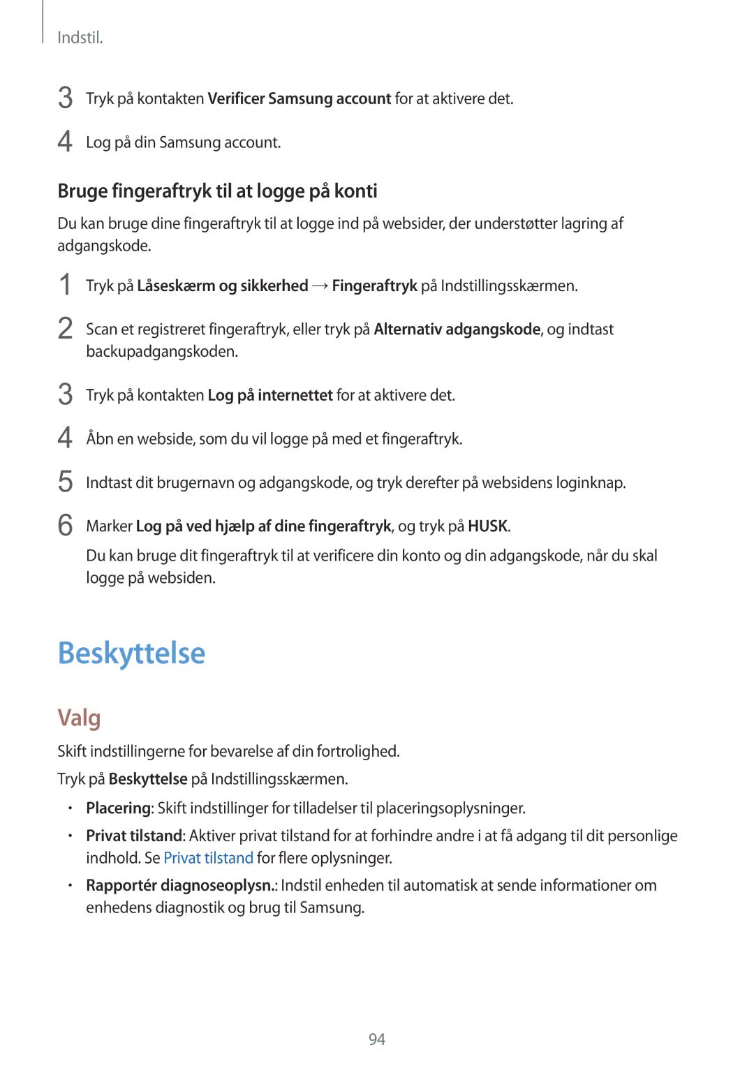 Samsung SM-T715NZWENEE manual Beskyttelse, Bruge fingeraftryk til at logge på konti 