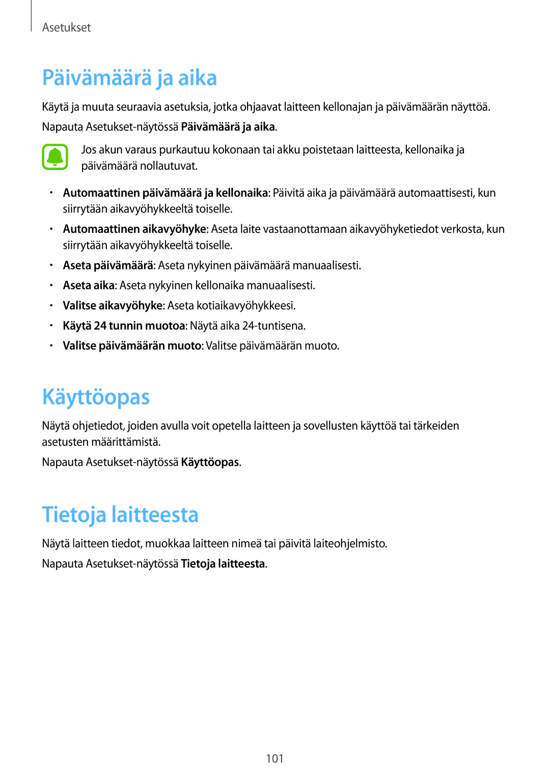 Samsung SM-T715NZWENEE manual Päivämäärä ja aika, Käyttöopas, Tietoja laitteesta 