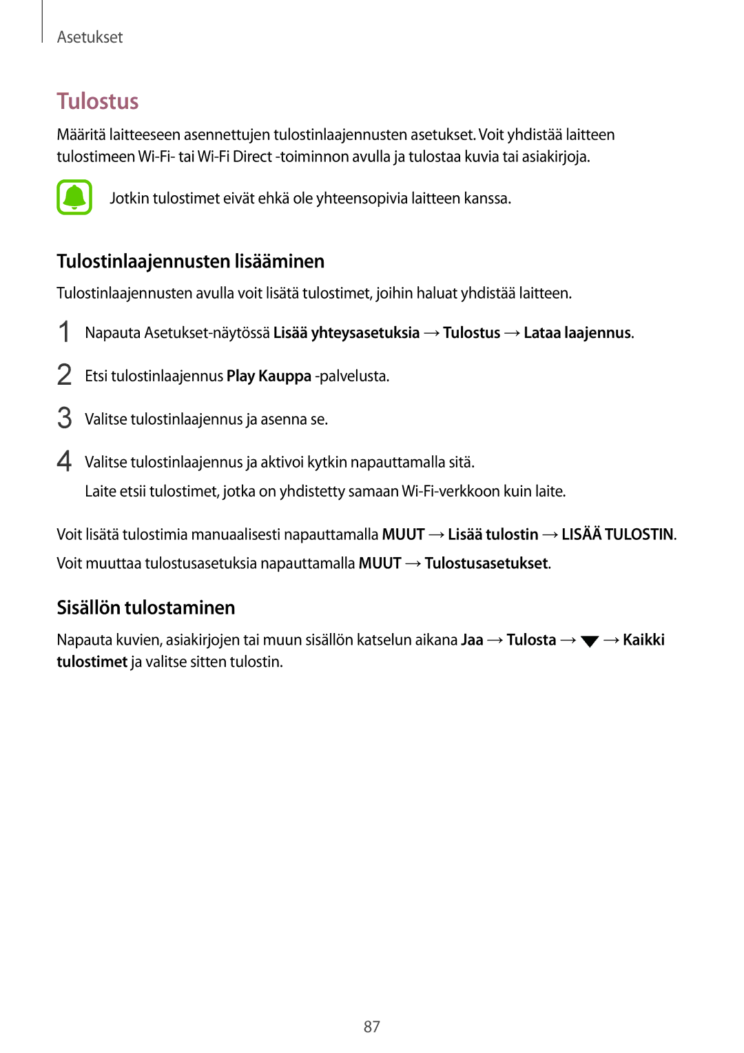 Samsung SM-T715NZWENEE manual Tulostus, Tulostinlaajennusten lisääminen, Sisällön tulostaminen 