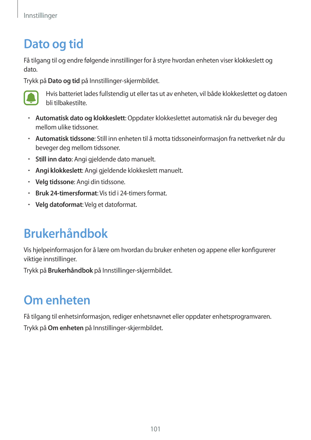 Samsung SM-T715NZWENEE manual Dato og tid, Brukerhåndbok, Om enheten 