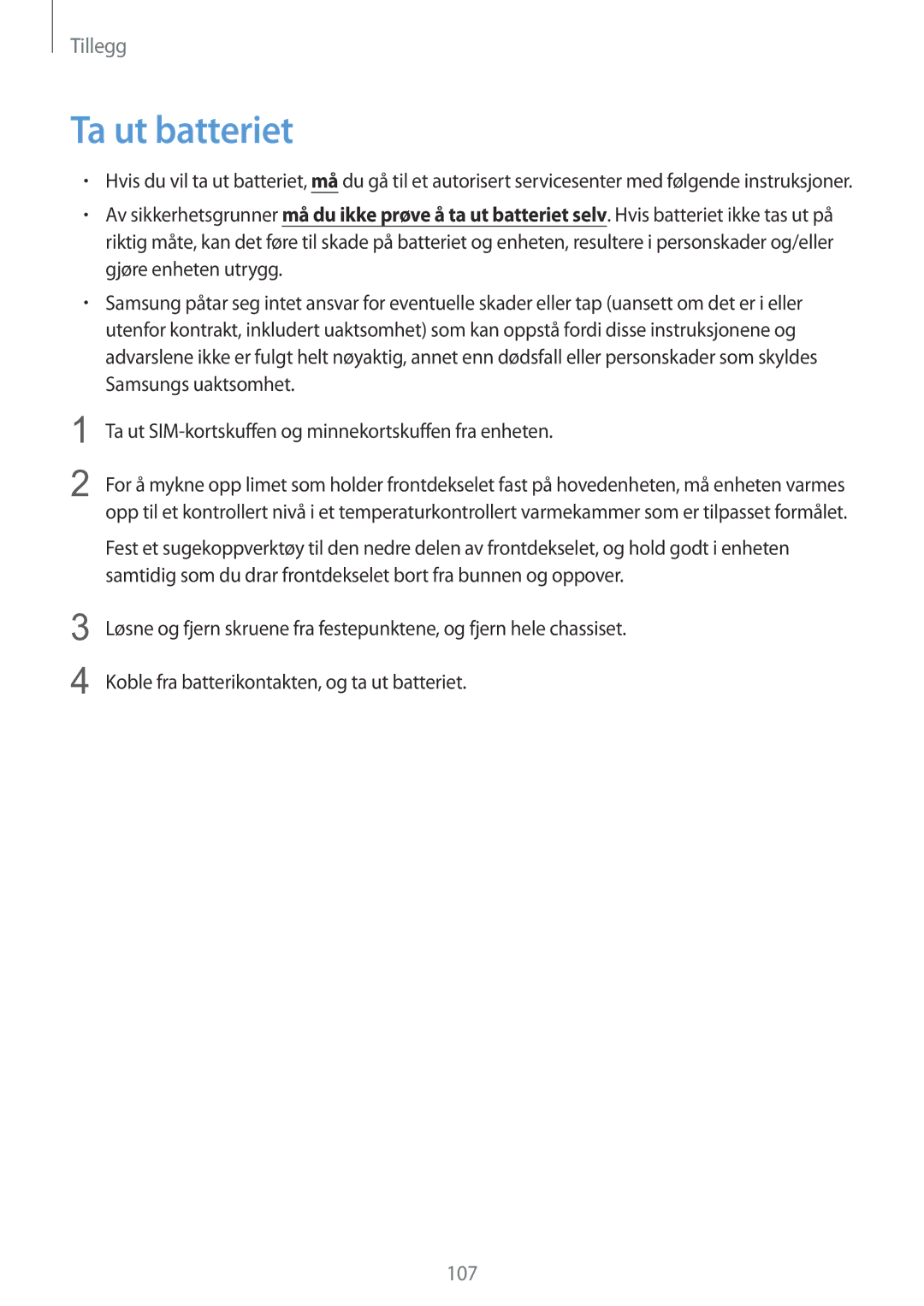 Samsung SM-T715NZWENEE manual Ta ut batteriet, 107 