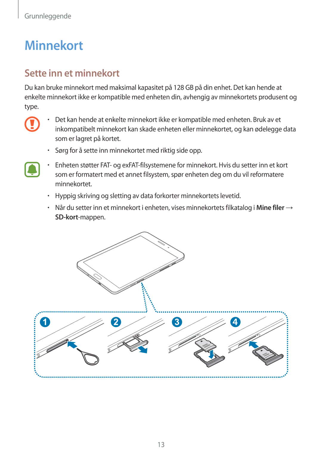 Samsung SM-T715NZWENEE manual Minnekort, Sette inn et minnekort 