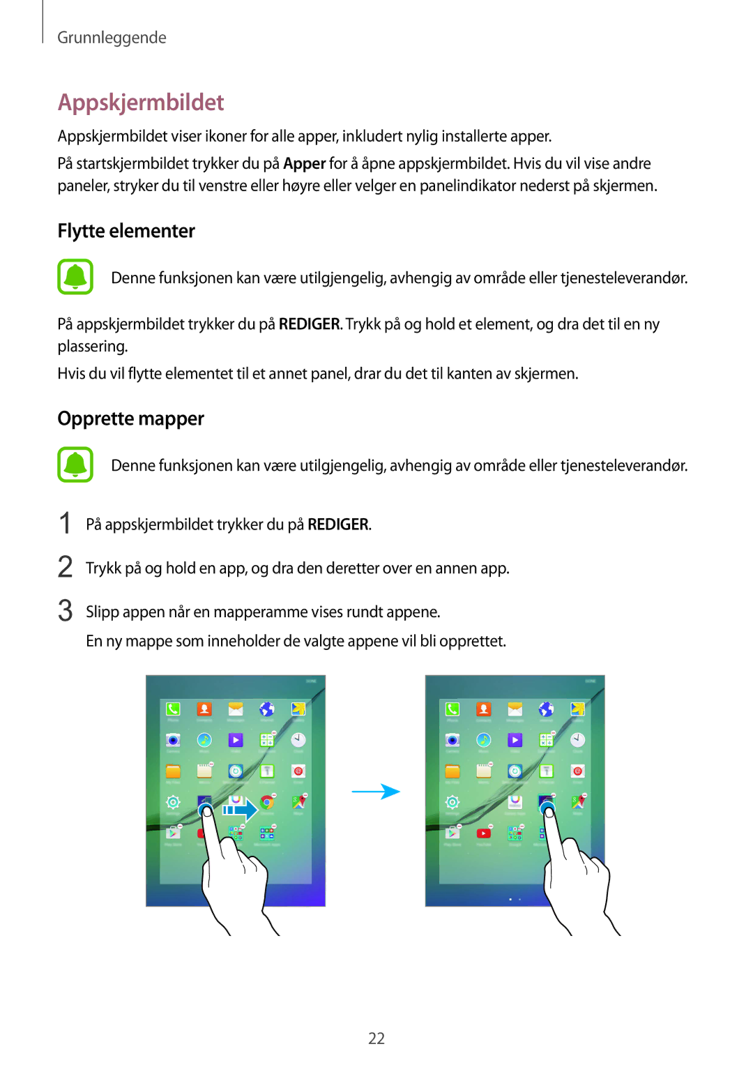 Samsung SM-T715NZWENEE manual Appskjermbildet, Flytte elementer 