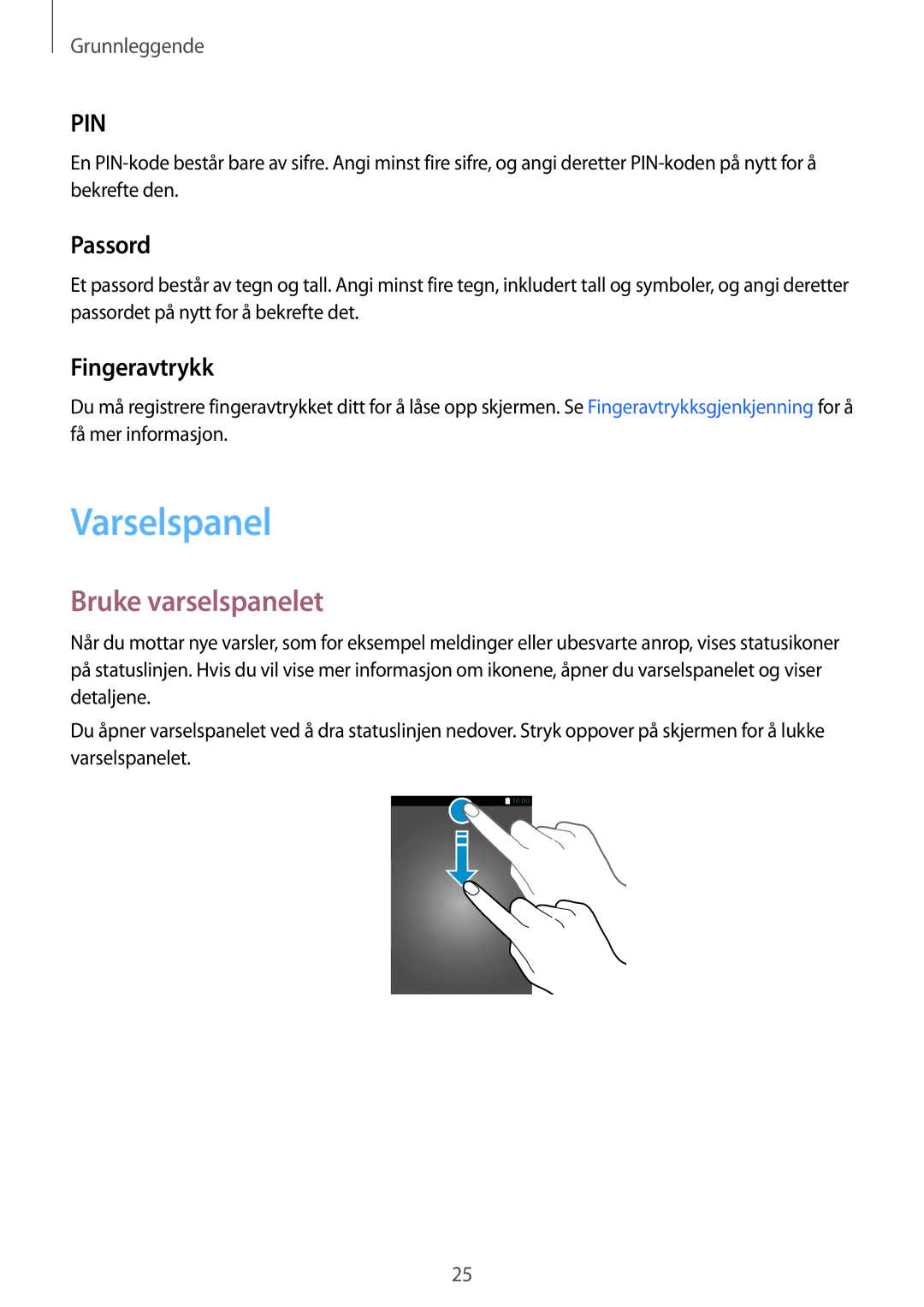 Samsung SM-T715NZWENEE manual Varselspanel, Bruke varselspanelet, Passord, Fingeravtrykk 