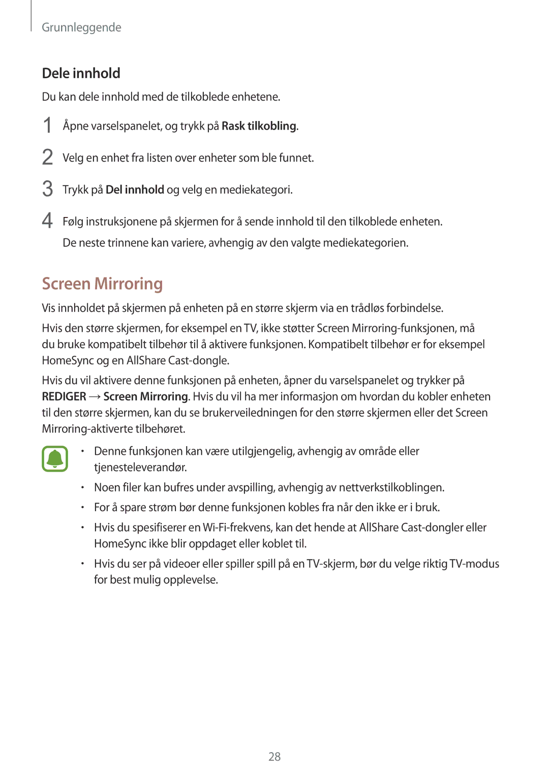 Samsung SM-T715NZWENEE manual Screen Mirroring, Dele innhold 