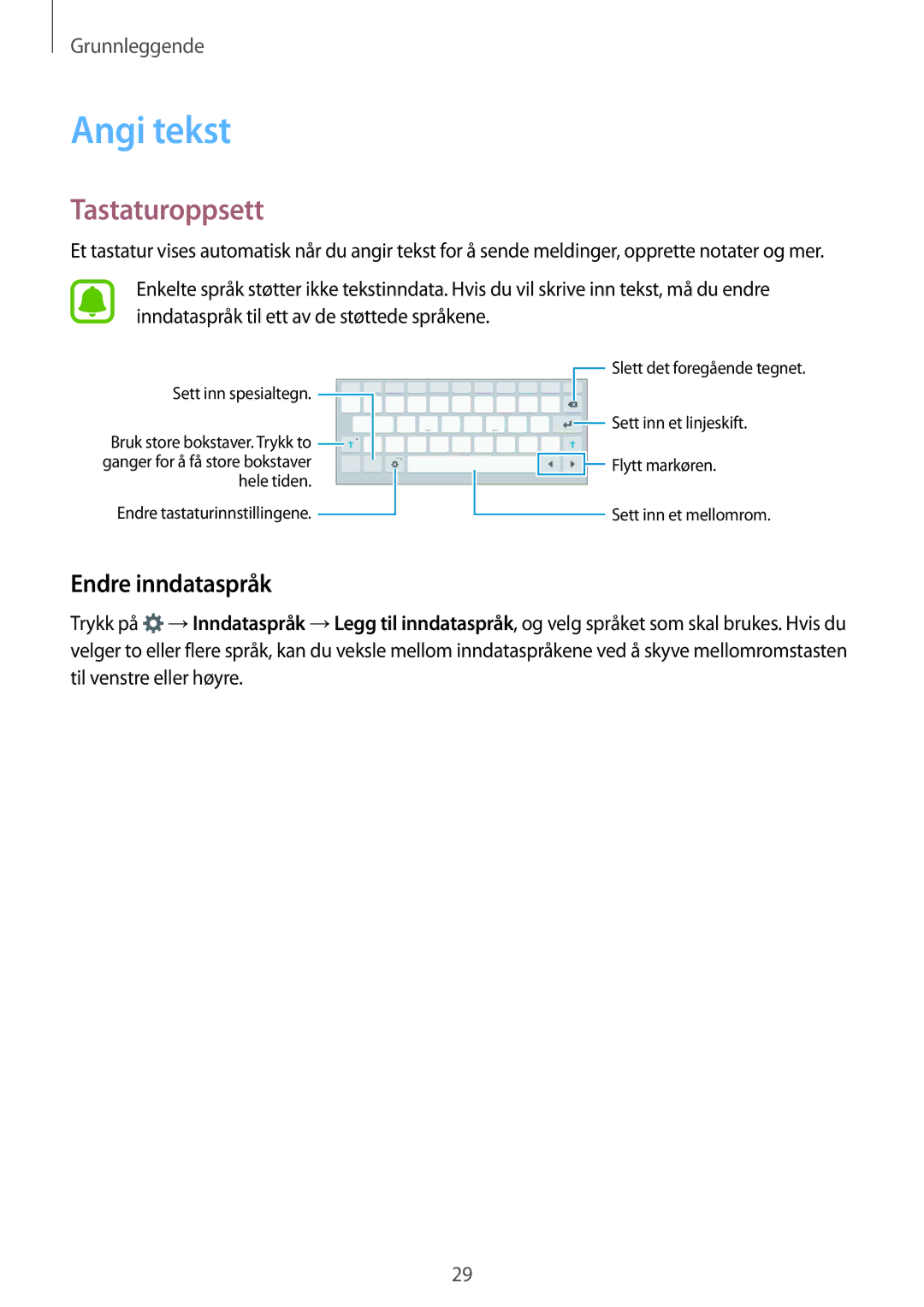 Samsung SM-T715NZWENEE manual Angi tekst, Tastaturoppsett, Endre inndataspråk 