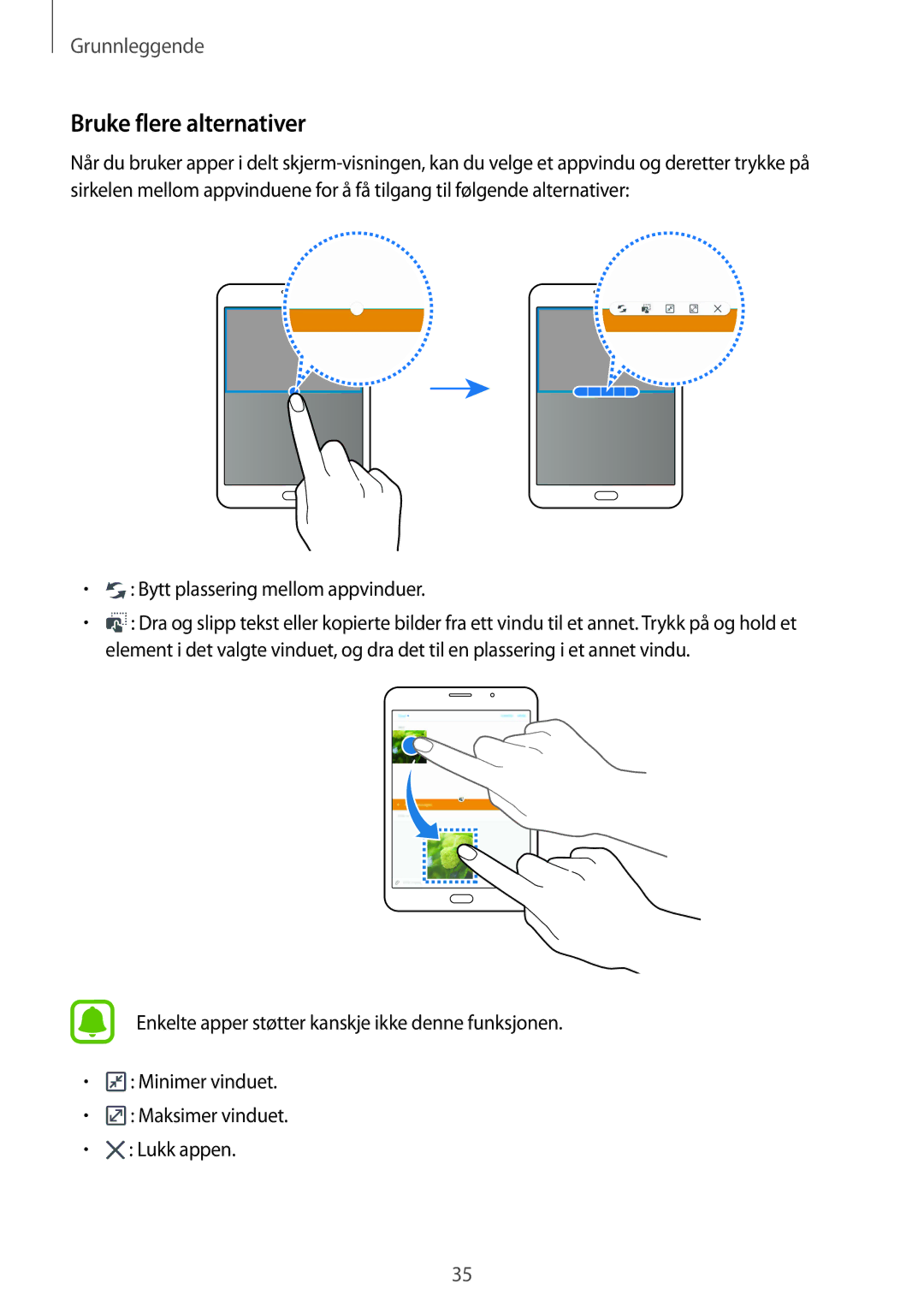 Samsung SM-T715NZWENEE manual Bruke flere alternativer, Bytt plassering mellom appvinduer 