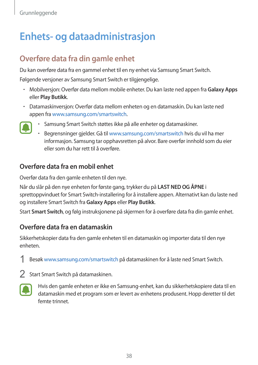 Samsung SM-T715NZWENEE Enhets- og dataadministrasjon, Overføre data fra din gamle enhet, Overføre data fra en mobil enhet 