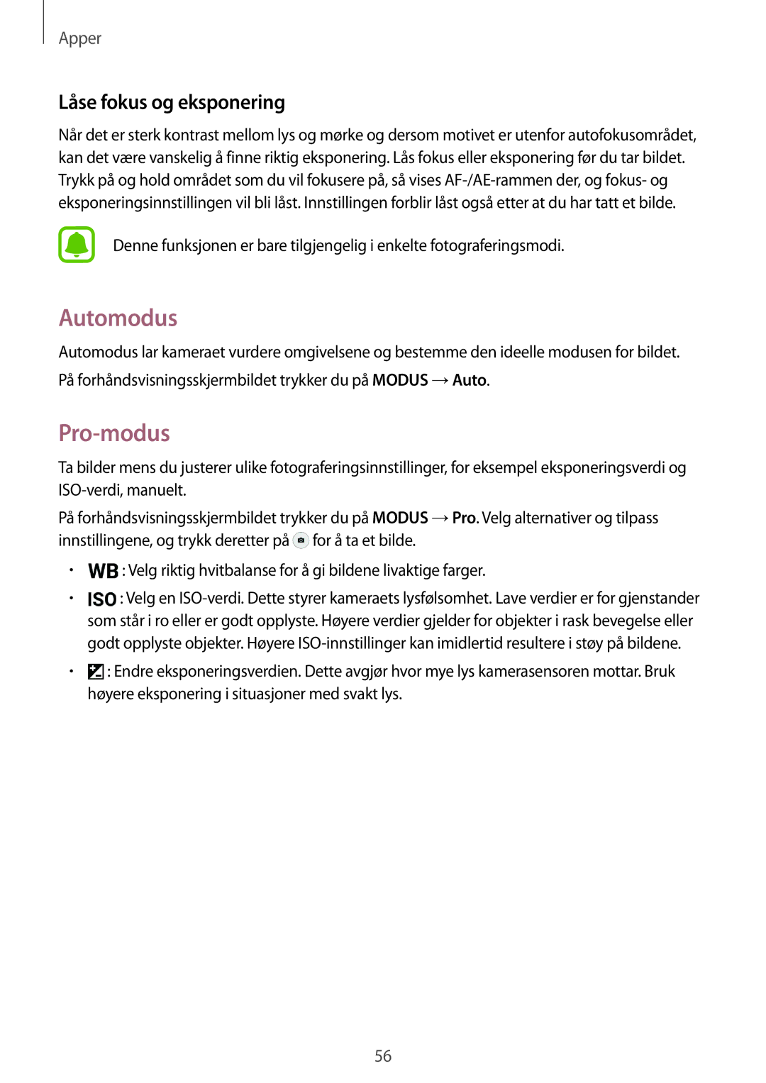 Samsung SM-T715NZWENEE manual Automodus, Pro-modus, Låse fokus og eksponering 