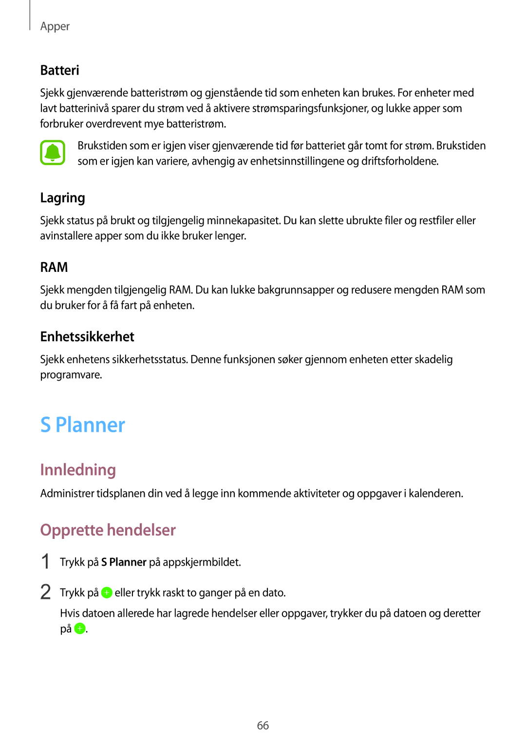 Samsung SM-T715NZWENEE manual Planner, Opprette hendelser, Batteri, Lagring, Enhetssikkerhet 