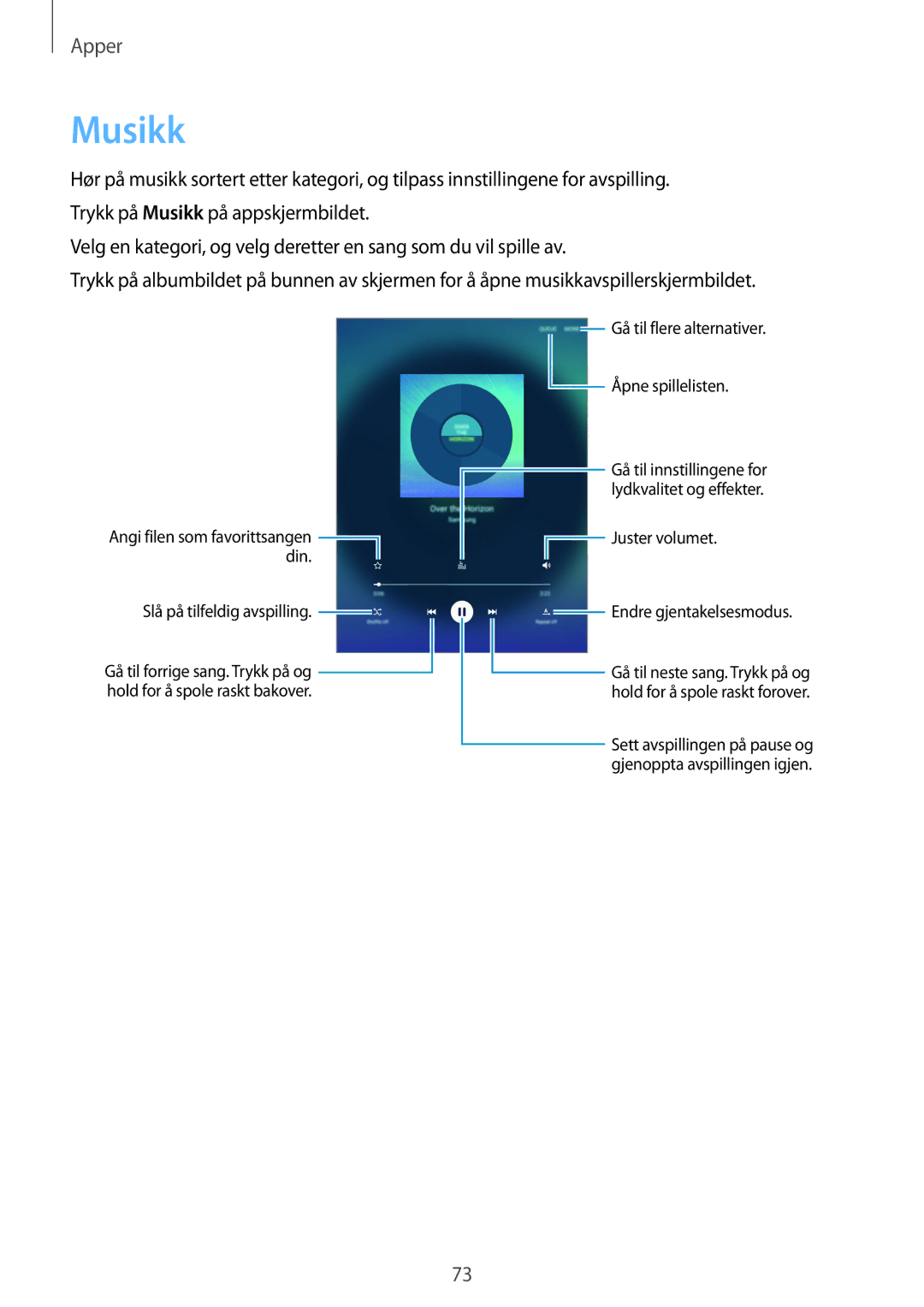 Samsung SM-T715NZWENEE manual Musikk, Juster volumet Endre gjentakelsesmodus 