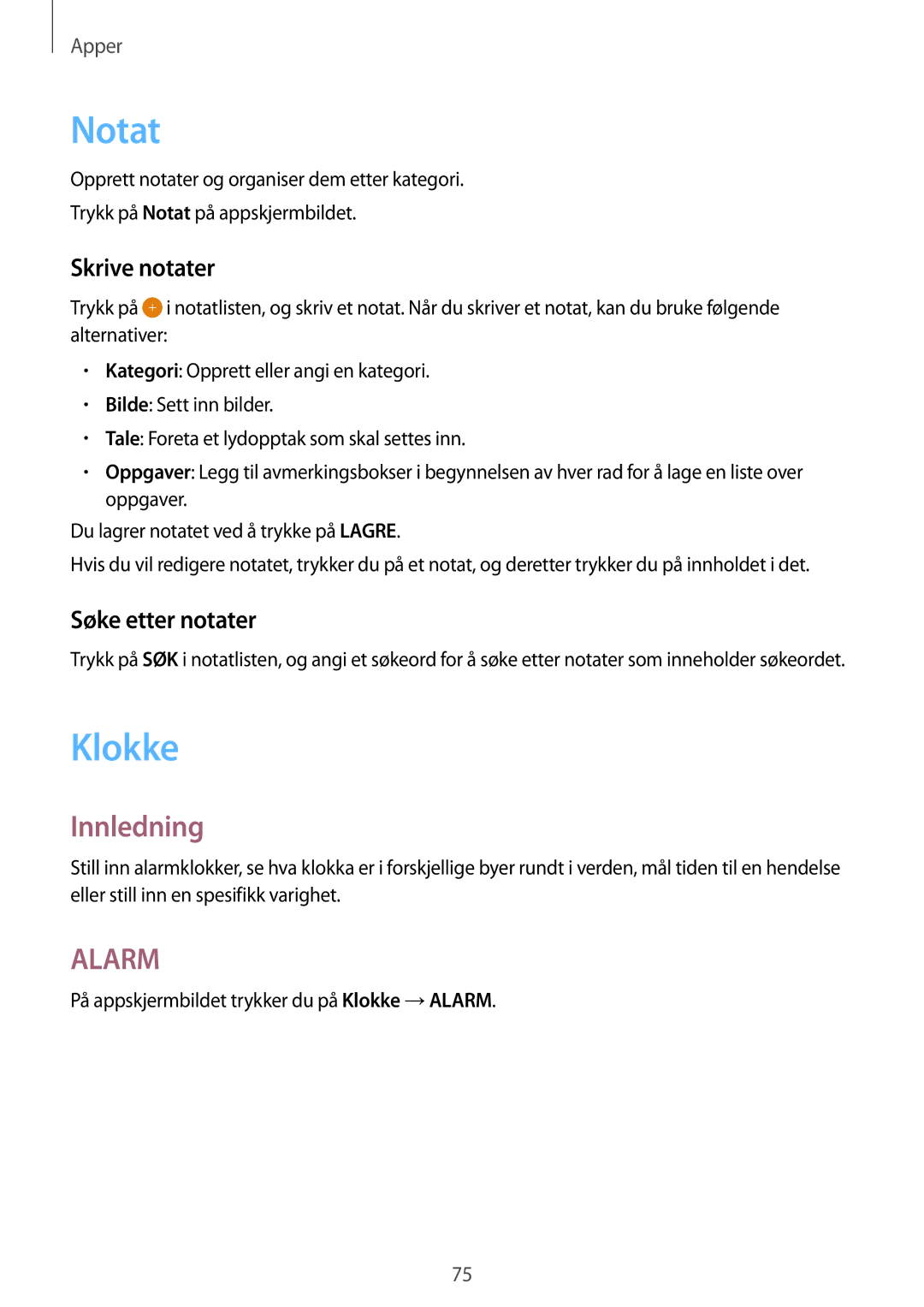 Samsung SM-T715NZWENEE manual Notat, Klokke, Skrive notater, Søke etter notater 